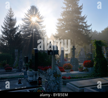 Friedhof im Morgennebel, Berndorf, Triestingtal, Niederösterreich, Österreich, Europa Stockfoto