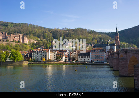 Stadtbild mit Schloss Heidelberger Schloss und alte Brücke, Karl-Theodor-Brücke, Heidelberg, Neckar, Rheinland-Pfalz, Baden-Württemberg Stockfoto