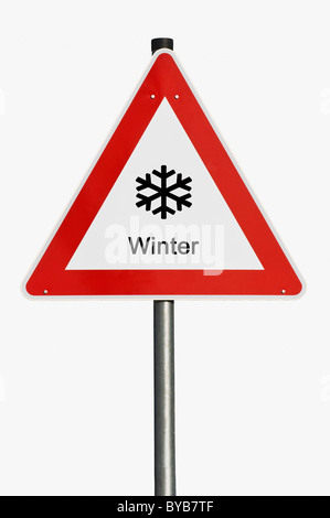 Gefahrenzeichen, Winter, Straßenglätte, zusammengesetztes Bild Stockfoto