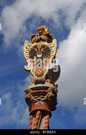 Statue eines Löwen mit dem Ulmer Wappen auf eine Spalte, Muensterplatz Quadrat, Ulm, Baden-Württemberg, Deutschland, Europa Stockfoto