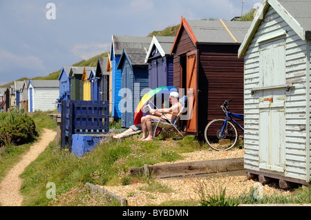 Strandhütten in Southengland Küste UK England Europa Stockfoto