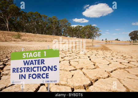 Einer landwirtschaftlichen Bewässerung Loch auf einer Farm in der Nähe von Shepperton, Victoria, Australien, fast ausgetrocknet. Stockfoto