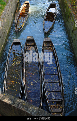 Alten Fischerbooten voll Wasser vor Anker auf der Donau, Ulm, Baden-Württemberg, Deutschland, Europa Stockfoto
