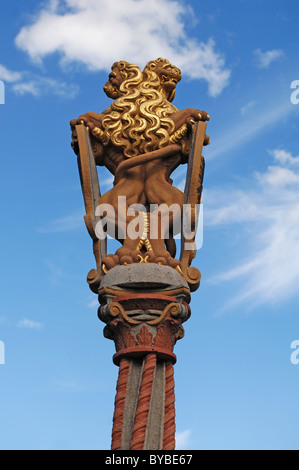 Spalte mit zwei Löwen halten das Wappen von Ulm, Muensterplatz Quadrat, Ulm, Baden-Württemberg, Deutschland, Europa Stockfoto