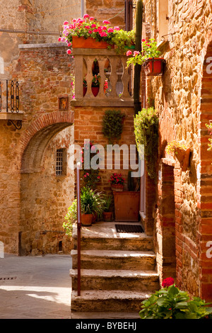 Treppe Eingang zu einem Haus in dem mittelalterlichen Dorf von Montisi, Toskana Italien Stockfoto