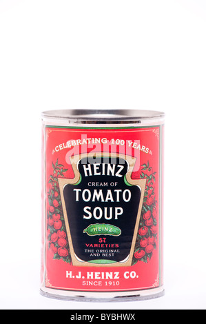 Eine Dose Creme Heinz Tomatensuppe auf weißem Hintergrund Stockfoto