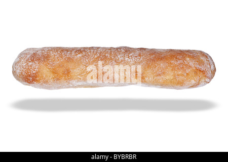 Foto von ein Ciabatta Brot, isoliert auf weißem Hintergrund mit schwimmenden Schatten. Stockfoto