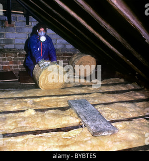 Frau (mit Schutzkleidung, Handschuhen und Maske), die Isolationsmaterial in einem alten Dachboden verlegt. Stockfoto