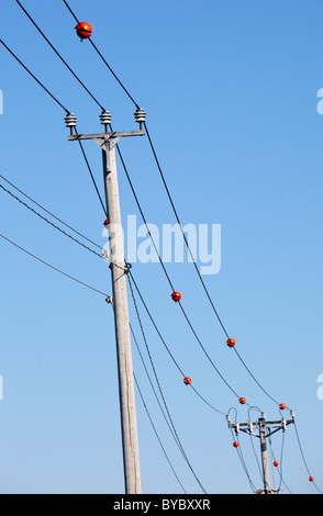 Rote Markierungskugeln zur Vermeidung von Zusammenstößen zwischen Vögeln und Flugzeugen , Finnland Stockfoto