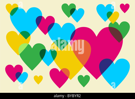 Verschiedene bunte Herzen. Magenta, Cyan, gelb und grün Transparenz Elemente. Stockfoto