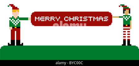 Zwei lustige gepixelten Elfen halten einen Merry Xmas-banner Stockfoto