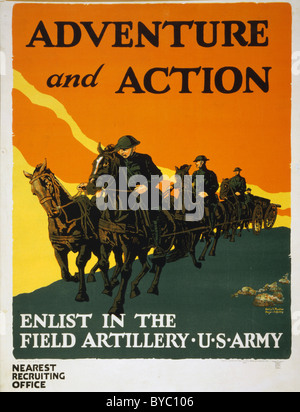 US Army recruiting Poster zeigt einen Soldaten zu Pferd mit Pferdegespann ziehen artillery.1919 Stockfoto