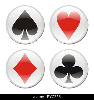 Glänzende Playcard Symbole im Kreis auf weißem Hintergrund umrahmt. Vektor zur Verfügung Stockfoto