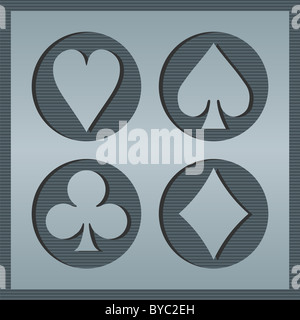 Poker Playcards Symbole im Kreise auf gestreiften Hintergrund umrahmt. Grautöne. Vektor-Datei Stockfoto