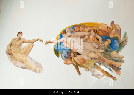 Replik von der Erschaffung Adams von Michelangelo Buonarruoti gemalt an der Decke des Acebron Palace, Doñana NP, Spanien Stockfoto