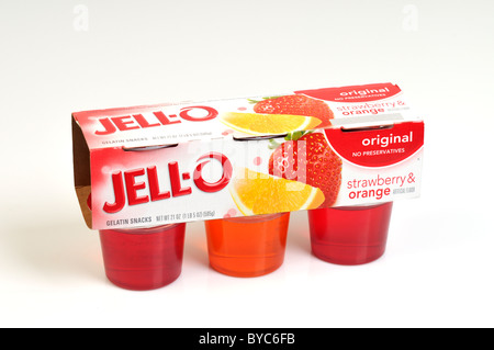 Snack-Pack von Jell-o Desserts auf weißem Hintergrund Ausschnitt Stockfoto