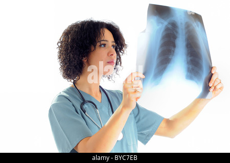 Blick auf eine Röntgenaufnahme der Patienten weiblich-Krankenschwester Stockfoto