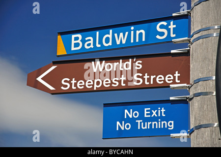 Baldwin Street zu unterzeichnen (weltweit steilste Straße), North East Valley, Dunedin, Otago, Südinsel, Neuseeland Stockfoto