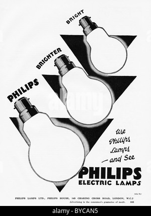 Original 1920er Jahre ganzseitige Anzeige in der englischen Zeitschrift für PHILIPS elektrische Lampen Stockfoto