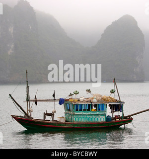 Angelboot/Fischerboot an der Halong Bucht in Vietnam Stockfoto