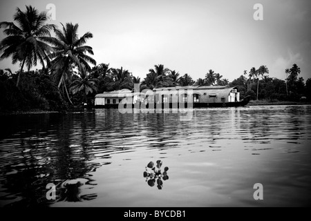 Traditionelle Hausboote lagen auf dem Backwaters in der Nähe von Alappuzha (auch bekannt als Alleppey) in Kerala, Indien. Stockfoto