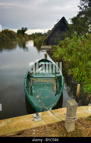 Altes Ruderboot festgemacht an wie Hügel über dem Fluss Ant, Norfolk Broads Stockfoto