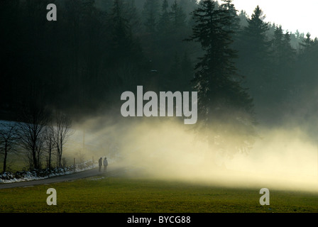 Wanderer fallen spät im Nebel auf Chaumont, Jura, Neuenburg Stockfoto