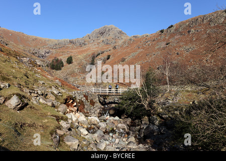 Fußgängerbrücke über scheut Ghyll mit Tarn Felsen hinter Langdale Seenplatte Cumbria UK Stockfoto