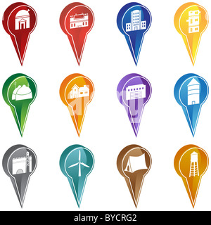 Set von 12 3D-Gebäude Icons als Kennzeichnung Punkte verwendet. Stockfoto