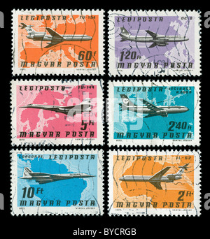Sammlung von Briefmarken aus Ungarn mit Flugzeug Stockfoto