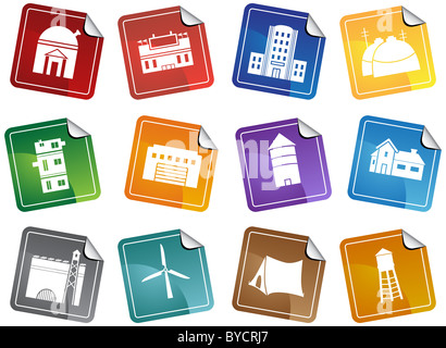Set mit 12 Stück Gebäudestrukturen - Aufkleber-Stil. Stockfoto