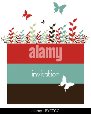 Schmetterling und Blätter Hintergrund. Entwurf der Feder Motiv auf roten, schwarzen und blauen vertikalen Balken. Weißen Hintergrund. Vektor zur Verfügung Stockfoto