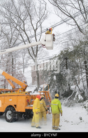 Utility Workers in Wakefield, Massachusetts neigen dazu, Linien, die durch herabfallende Äste, Schnee und Eis beschädigt wurden. Stockfoto