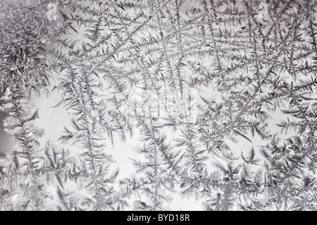 gefrorene Eiskristalle am Fenster Stockfoto