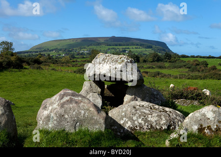 Dolmen (Portal Tomb) im Steinkreis, Carrowmore Megalith Friedhof (4000 v. Chr.), Knocknarea in Ferne, Cúil nien Halbinsel, County Sligo, Irland Stockfoto