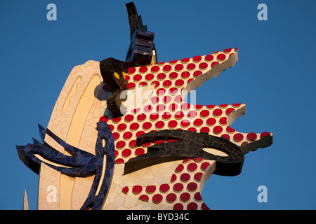 Detail an der Moll De La Fusta Kopf Skulptur von Lichtenstein in Barcelona, Katalonien, Spanien Stockfoto