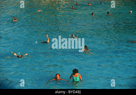 Am frühen Morgen regelmäßige Schwimmer schwimmt einsame Längen im Brockwell (Brixton) Lido vor Massen ankommen Stockfoto