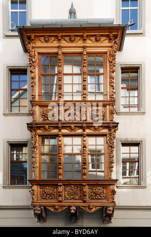 Aus Holz geschnitzte Kamel Erker, Bj. 1673-1720, Spisergasse Straße 1, St. Gallen, Schweiz, Europa Stockfoto