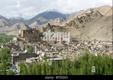 Mit Blick auf die Stadt Leh am Berghang, alten königlichen Palast, Region Ladakh, Jammu und Kaschmir, Indien, Südasien Stockfoto