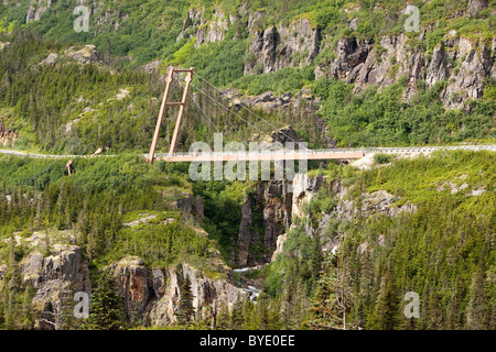 William Moore Hängebrücke über Moore Creek, White Pass, South Klondike Highway in der Nähe von Skagway, Alaska, USA Stockfoto