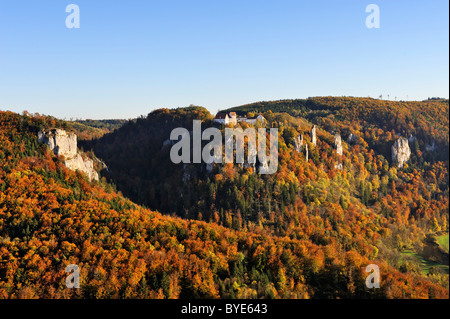 Blick über das obere Donautal mit Herbst gefärbten Buchenwälder, am Horizont, Burg Wildenstein Schloss Stockfoto