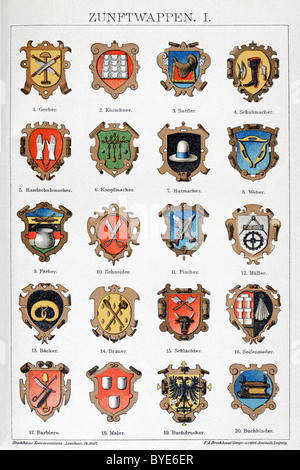 Alte Gilde Embleme, Symbole des Handwerks Gilden, historische Chromotafel, farbige Platte, Brockhaus Konversationslexikon Stockfoto