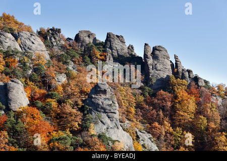 Felsen und Wald im Herbst, oberhalb der Burgruine Dürnstein, Wachau Valley, Region Waldviertel, Niederösterreich, Österreich Stockfoto