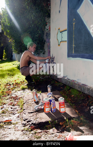 eine junge Künstlerin, die Graffiti Kunst auf öffentlichen Gebäuden macht Stockfoto