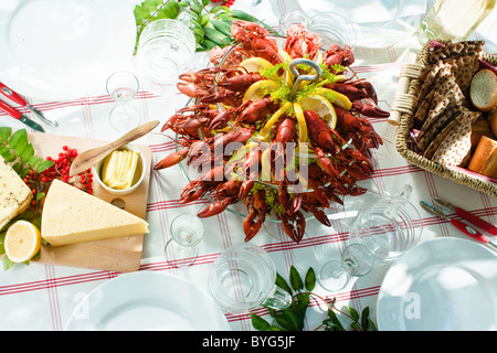 Mahlzeit mit Krebse auf Gartentisch Stockfoto