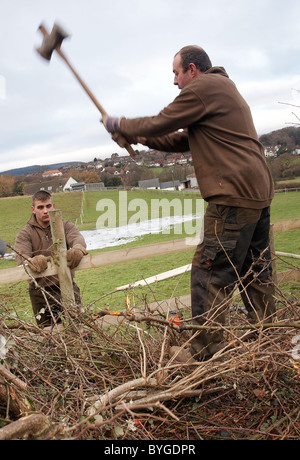 Männer, die Errichtung eines neuen Holzzaun Hämmern Beiträge in Boden. Stockfoto