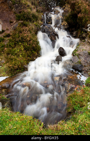 Tumbling Wasserfall fließt durch reiche Herbstfärbung in der alten Forrests auf Dun Ghallain Stockfoto