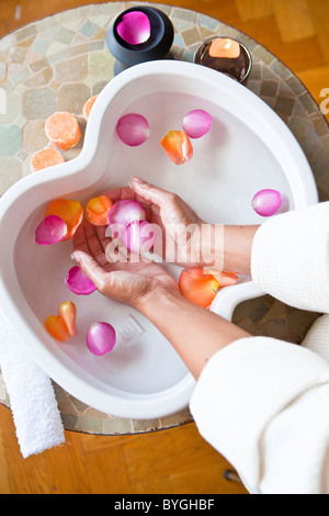 Nahaufnahme von Händen in Schüssel mit Rosenblättern Stockfoto