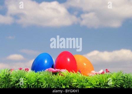 Ostereier Auf Blumenwiese Mit Himmel - Ostereier auf Blumenwiese und Himmel 03 Stockfoto