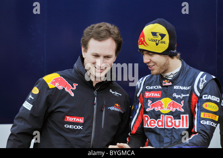 Pilot Sebastian Vettel (GER, rechts) und team principal Christian Horner (GBR), beide Red Bull Racing Formula One Team Stockfoto